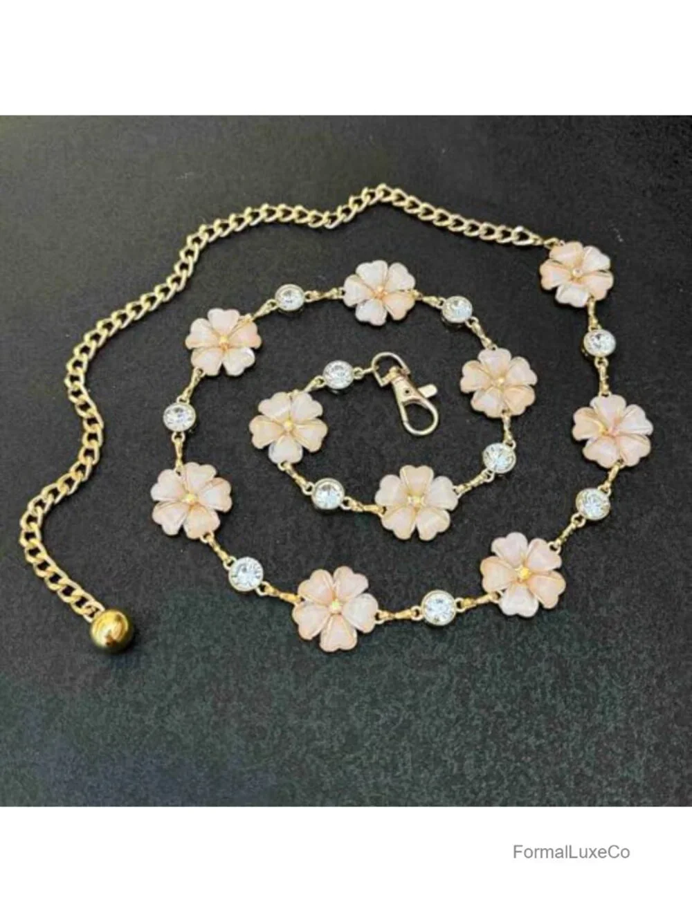 Boho Floral Crystal Chain Belt for Women, Gold Waist Belt, Adjustable Waist